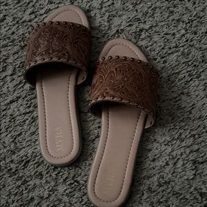 Myra Brown Embossed Leather Tooled Slide Sandals